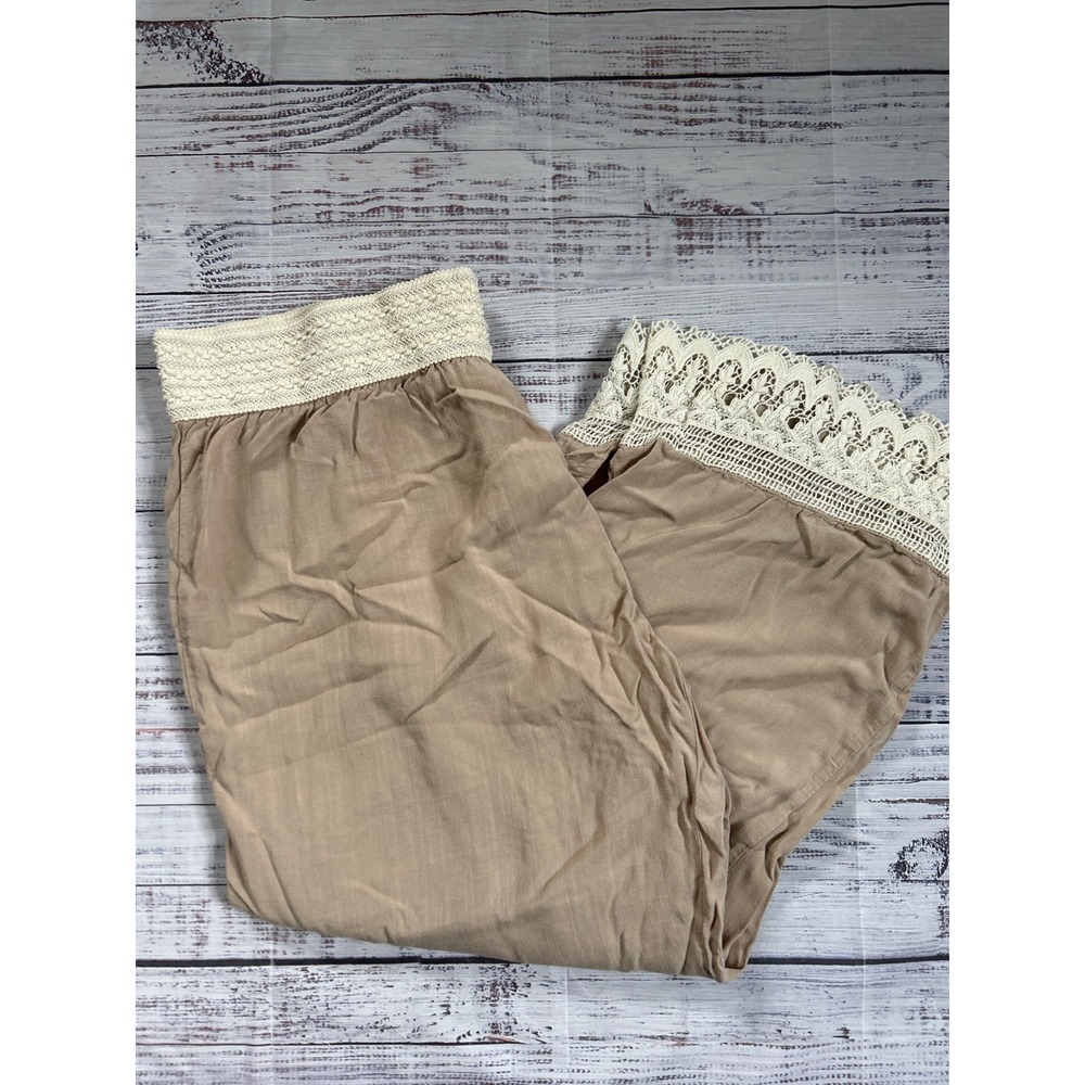 Retro Threads Pants XXXL Rayon Loose Boho Tan Retro Crochet Trim
